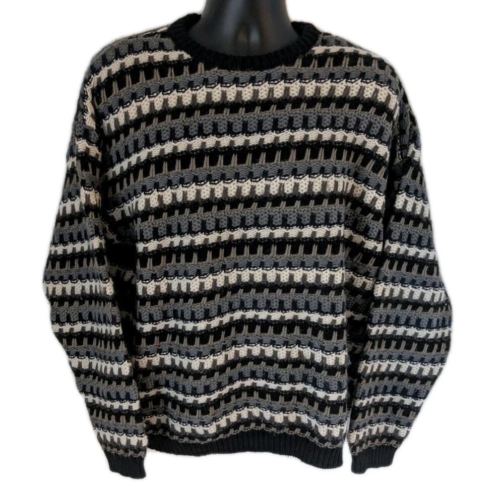 Vintage Cuggi Pure New Wool Sweater L Gray Black Cream Textured Knit Coogi Style